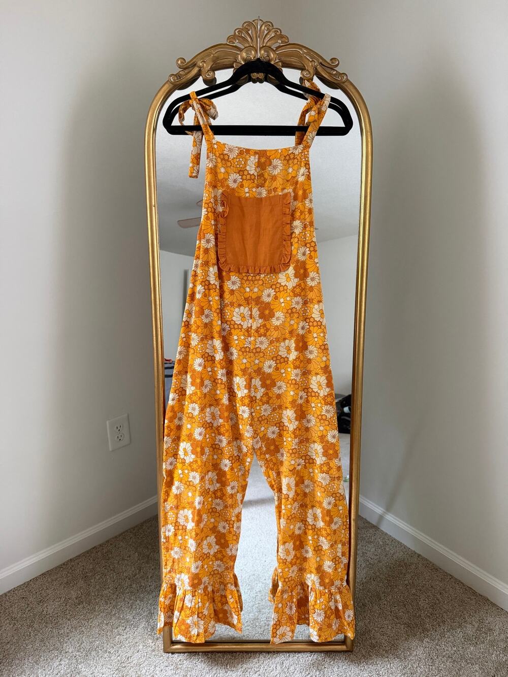 Rare Bohemian Wonders Floral 70s Style Ruffle Orange Yellow Jumpsuit